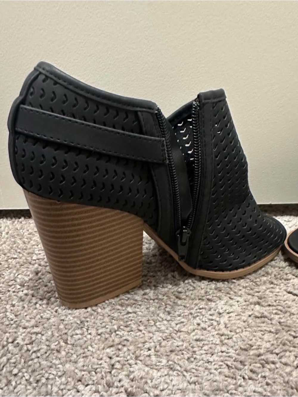 Qupid Black Perforated Stacked Block Heel Booties